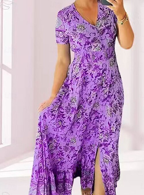Women's Maxi Dress Casual Dress Boho Dress Elegant Stylish Casual Vacation  Casual Daily Regular Fit Floral Short Sleeve V Neck Pink Navy Blue Purple  Light Blue Summer Spring 2026 - $27.99