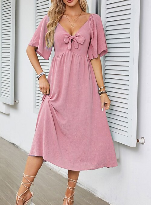 pink casual dress for wedding Pink Floral-Print Midi Casual Dress with Pockets Blush Ribbon Floral Print / Medium