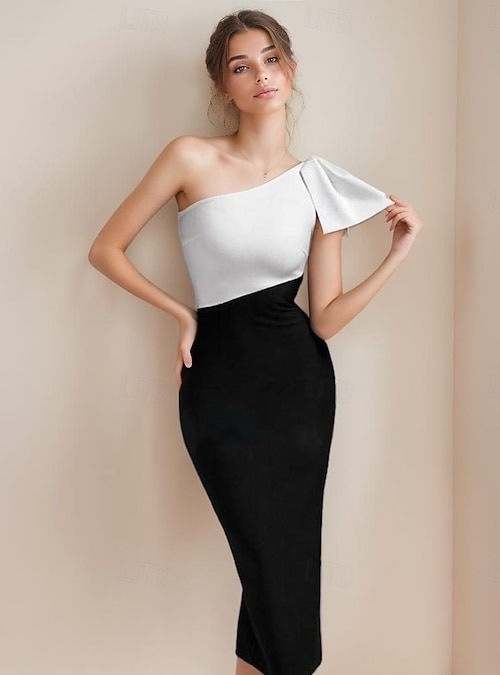 Cocktail Dresses Fitted Style Color Block Elegant Dress Formal Wedding  Guest Tea Length Sleeveless One Shoulder Pocket Stretch Crepe with Bow(s)  Dresses 2026 - $146.99