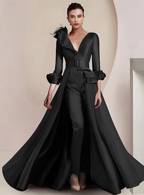Two Piece Jumpsuit Pantsuit Ankle Length Evening Gown Ball Gown with Overskirt Formal Dress Elegant Party 3/4 Length Sleeve V Neck Formal Wedding Guest Overskirts Satin with Feather Sash / Ribbon 2026 - $206.99 Two Piece Jumpsuit Pantsuit Ankle Length Evening Gown Ball Gown with Overskirt Formal Dress Elegant Party 3/4 Length Sleeve V Neck Formal Wedding Guest Overskirts Satin with Feather Sash / Ribbon 2026 - $206.99