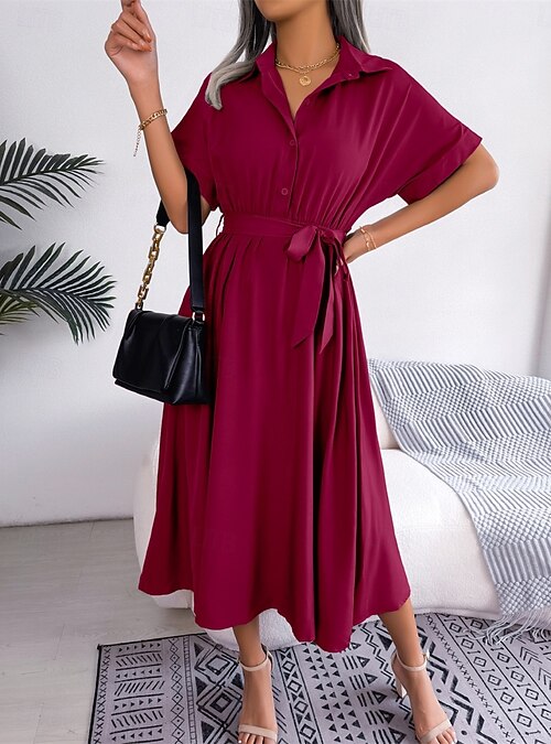 Women's Midi Dress Wrap Dress A Line Dress Birthday Casual Vacation Party  Birthday Regular Fit Graphic Short Sleeve Shirt Collar Wine Army Green  Light Blue Summer 2026 - $39.99