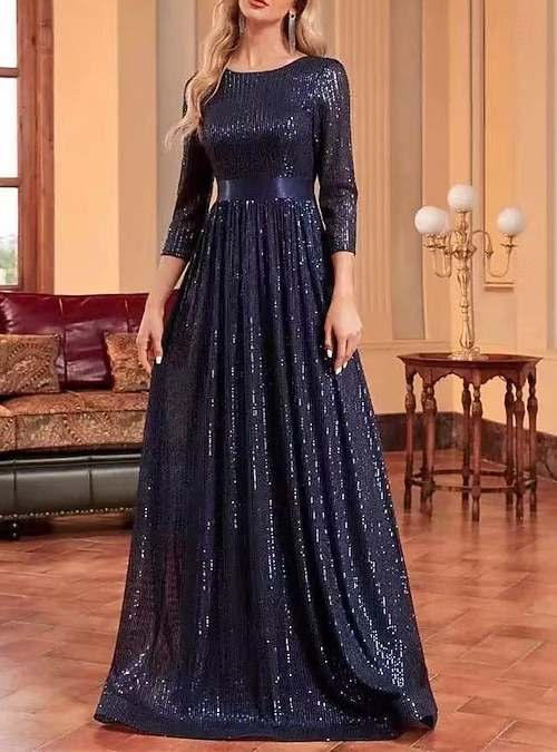 A-Line Wedding Guest Dresses Party Dress Prom Black Tie Gala Floor Length  3/4 Length Sleeve Crew Neck Belt / Sash Spandex with Glitter Fringe Sequin  2026 - $235.59