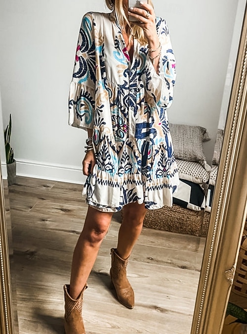 petite boho dresses with sleeves Women's Mini Dress Petite Dress Casual Dress Boho Dress Bohemia Vintage  Ethnic Vacation Daily Regular Fit Floral Long Sleeve V Neck Blue Summer  Spring 2026