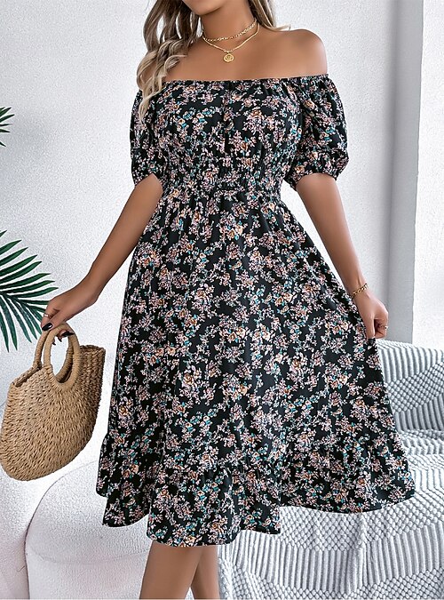 Floerns Women's Floral Short Puff Sleeve Milkmaid Dress Boho A Line Long Dresses 2202964