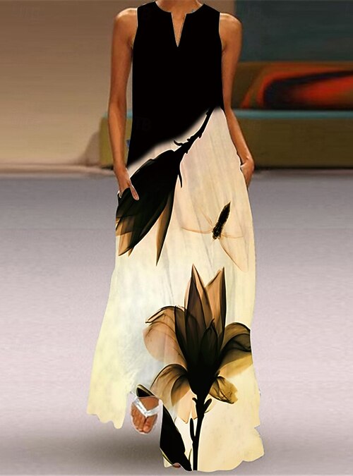 Women's Maxi Dress Tank Dress Stylish Vacation Regular Fit Floral Color  Block Sleeveless Split Neck Beige Summer 2026 - $39.99