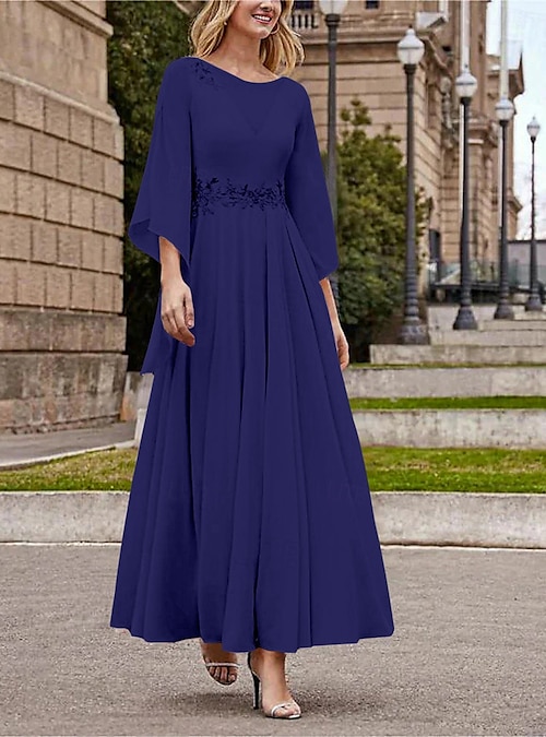 Beach Wedding A-Line Mother of the Bride Dress Formal Wedding Guest Elegant  Bateau Neck Ankle Length Chiffon 3/4 Length Sleeve with Beading Sequin 2025  free custom size 2026 - 192.99