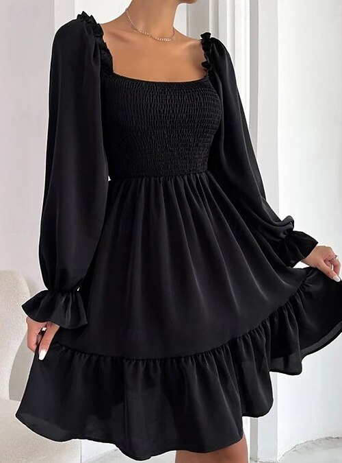 Women's Mini Dress A Line Dress Milkmaid Dress Off The Shoulder Dress Puff Sleeve Dress Vacation Vacation Daily Regular Fit Plain Long Sleeve Square Neck Black Wine Light Brown Purple Summer 2026 - Women's Mini Dress A Line Dress Milkmaid Dress Off The Shoulder Dress Puff Sleeve Dress Vacation Vacation Daily Regular Fit Plain Long Sleeve Square Neck Black Wine Light Brown Purple Summer 2026 -