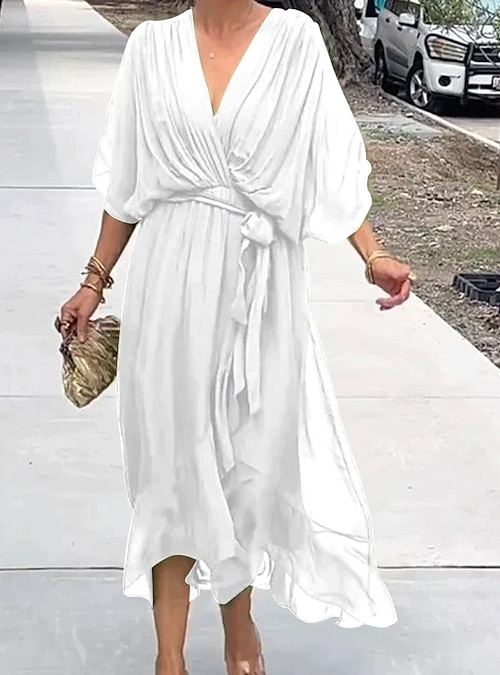 Women's Midi Dress White Dress Casual Dress Cocktail Dress Wedding Guest Dress  Elegant Stylish Batwing Sleeve Daily Vacation Date Regular Fit Plain Half  Sleeve V Neck Black White Gray Summer Spring 2026 -