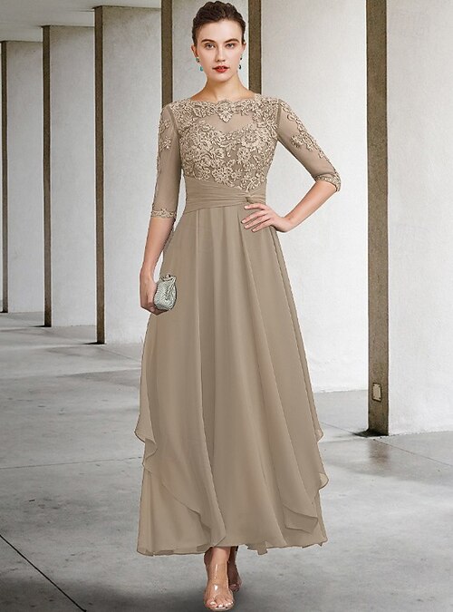 A-Line Mother of the Bride Dress Wedding Guest Elegant Plus Size Jewel Neck  Ankle Length Chiffon Lace Half Sleeve with Ruched Beading Appliques free  custom size 2026 - CAD $293.99