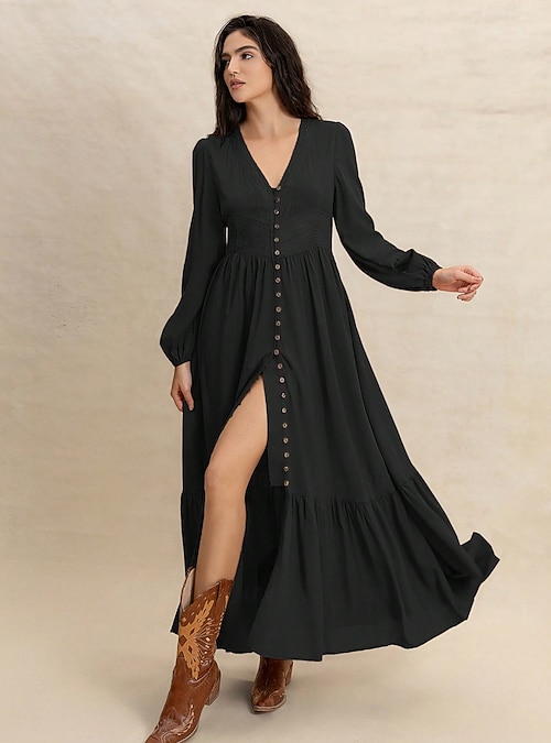 Carnival Women's Long Dress Maxi Dress Boho Dress Vacation Casual Boho Lantern Sleeve Party Work Casual Regular Fit Plain Bohemian Long Sleeve V Neck Black Red Brown Summer Spring Fall Winter 2026 - Carnival Women's Long Dress Maxi Dress Boho Dress Vacation Casual Boho Lantern Sleeve Party Work Casual Regular Fit Plain Bohemian Long Sleeve V Neck Black Red Brown Summer Spring Fall Winter 2026 -