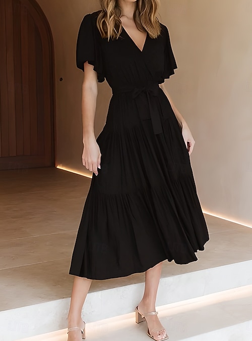 Women's Graduation Dress Maxi Dress Solid Color A Line Dress Summer Dress  Party Classic Semi Formal Vacation Party Work Form Fit Graphic Plain Short  Sleeve V Neck Black Pink Green Dark Blue