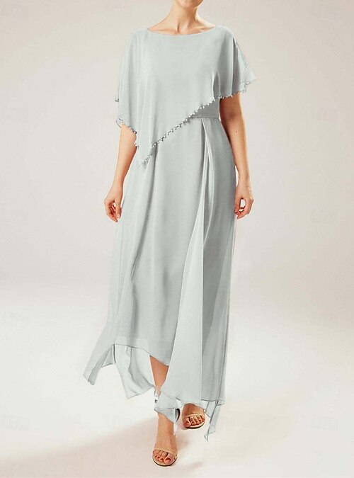 A-Line Mother of the Bride Dress Elegant Simple Minimalist Crew Neck Floor  Length Chiffon Short Sleeve with Pearls Ruffles Cascading Ruffles 2026 -  JOD JD114.28