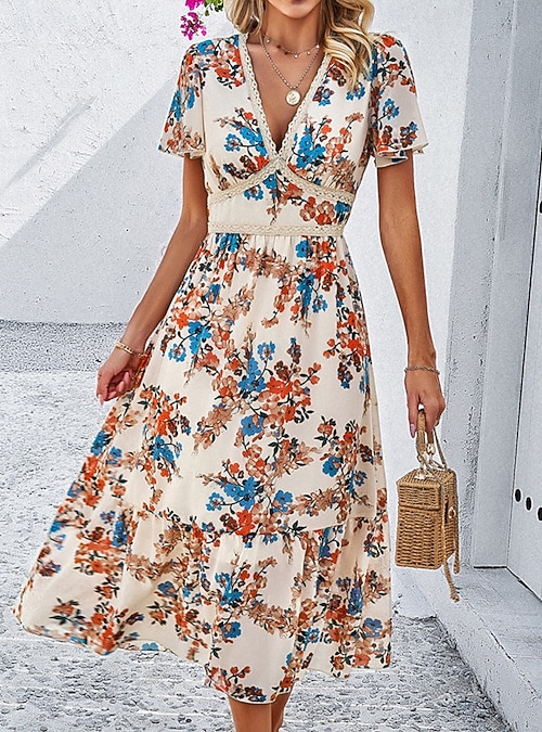 Women's Midi Dress Corset Dress A Line Dress Summer Dress Vacation Vacation  Daily Regular Fit Floral Short Sleeve V Neck Red Navy Blue Green Apricot  Summer 2026 - $48.99