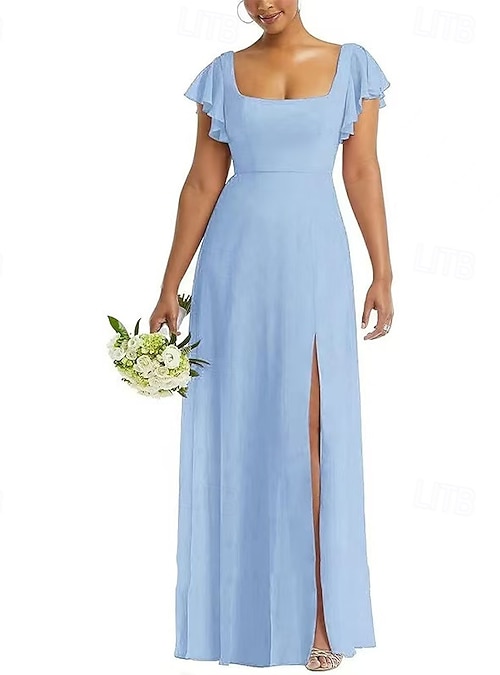 A-Line Bridesmaid Dress Scoop Neck Short Sleeve Elegant Floor Length  Chiffon / Spandex with Ruffles / Draping / Split Front 2022 2026 - 177.99