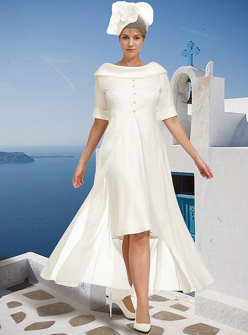 Two Piece Sheath / Column Mother of the Bride Dress Elegant Off Shoulder Knee  Length Chiffon Half Sleeve Wrap Included with Buttons Solid Color 2026 -  $148.99