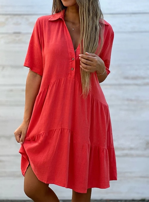 Women's Mini Dress Cotton Blend Shirt Dress Casual Dress Stylish Casual  Daily Vacation Date Regular Fit Plain Short Sleeve Lapel Yellow Pink Red  Summer 2026 - $24.99