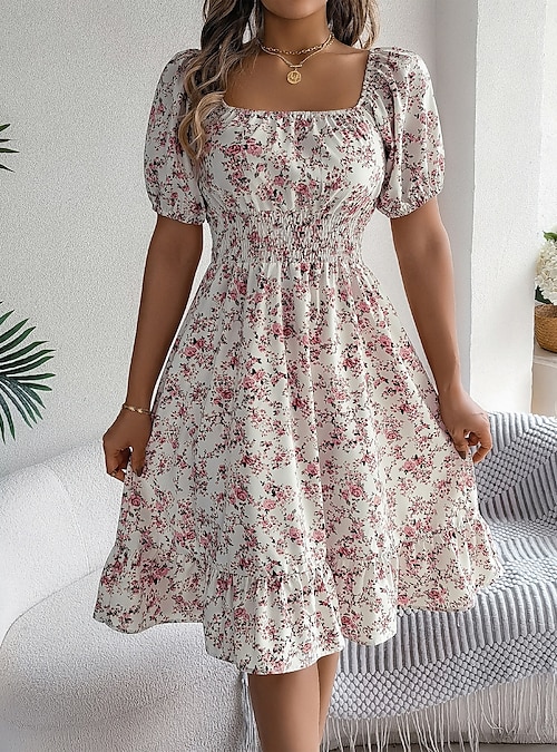 Women's Midi Dress A Line Dress Milkmaid Dress Midi Dress Smock Dress  Bohemia Cute Stylish Puff Sleeve Casual Home Vacation Form Fit Floral Short  Sleeve Square Neck Blue Black White Yellow Summer