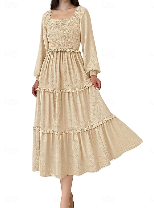 Women's Midi Dress Boho Wedding Guest Dress Elegant Bohemia Stylish Loose  Fit Long Sleeve Square Neck Black Pink Wine Navy Blue Spring Fall Winter  2026 - $35.99