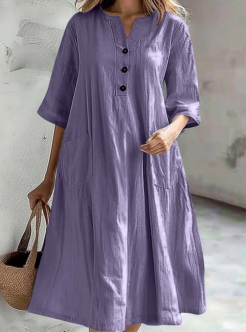 Women's 100% Cotton Midi Dress Casual Dress Linen Dress A Line Dress Summer Dress  Solid Color Basic Casual Vacation Daily Regular Fit Graphic 3/4 Length  Sleeve Notched Neck Black Blue Purple Orange 2026 - CHF26