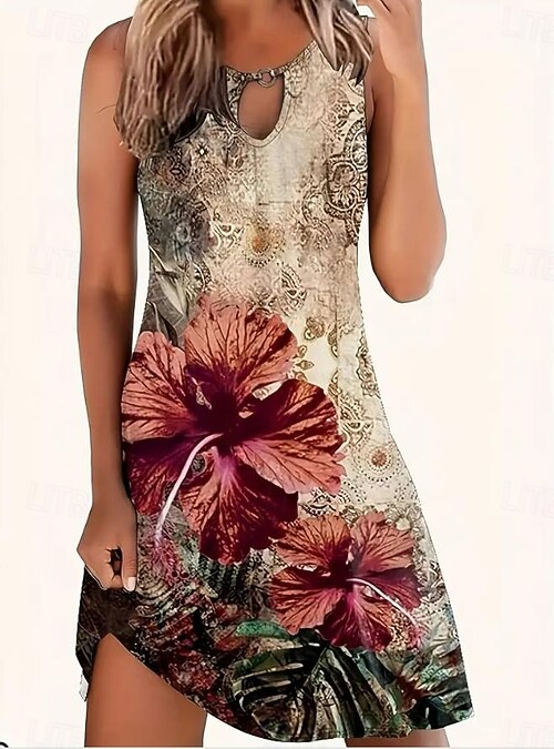 Women’s Floral Linen Dress – Sleeveless Crew Neck Bodycon Mini Dress – Summer Boho Style In Brown, Size L