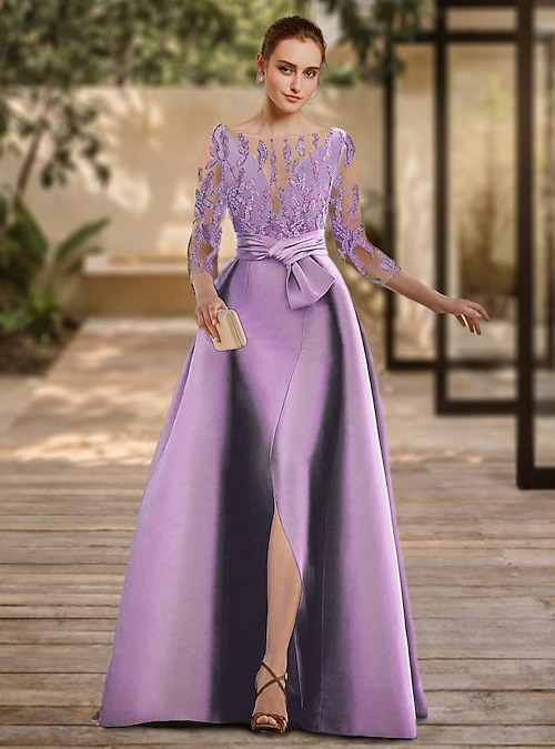 Lavender A-Line Long Sleeve Lace Mother of the Bride Satin Floor Length Formal Dress with Slit Lavender A-Line Long Sleeve Lace Mother of the Bride Satin Floor Length Formal Dress with Slit