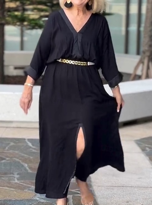 Women's Maxi Dress Linen-Inspired Dresses Kaftan Dress Casual Dress Basic Casual Daily Vacation Regular Fit Plain 3/4 Length Sleeve V Neck Black White Summer Spring 2026 - 91 Women's Maxi Dress Linen-Inspired Dresses Kaftan Dress Casual Dress Basic Casual Daily Vacation Regular Fit Plain 3/4 Length Sleeve V Neck Black White Summer Spring 2026 - 91