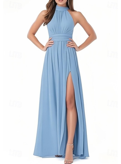 A-Line Bridesmaid Dress Halter Neck Short Sleeve Elegant Floor Length  Chiffon with Pleats / Split Front / Ruching 2022 2026 - JP 27046