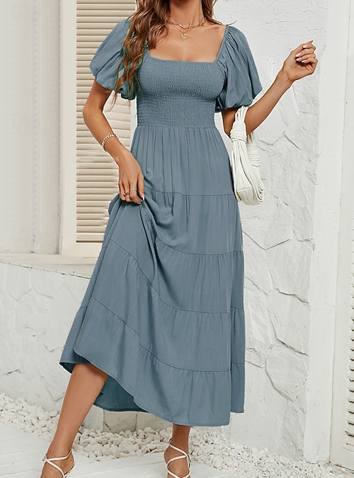 Women's Midi Dress A Line Dress Solid Color Milkmaid Dress Off The Shoulder  Dress Puff Sleeve Dress Vacation Vacation Daily Regular Fit Plain  Sleeveless V Neck Black Light Green Pink Blue Summer