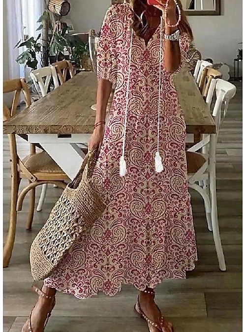 Women's Long Dress Maxi Dress Boho Dress Print Dress Peplum Dresses  Romantic Classic Elegant Dress Puff Sleeve Vacation Going out Spring Dress  Loose Fit Graphic Flower Half Sleeve V Neck White Pink