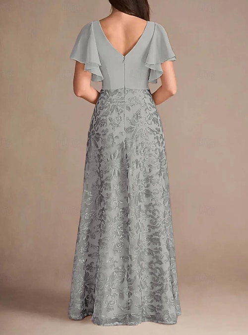 A-Line Mother of the Bride Dress Elegant Vintage Simple V Neck Floor Length  Chiffon Ruffled Short Sleeve with Floral Lace Sequin 2026 - $185.99