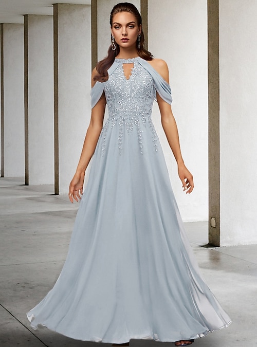 A-Line Mother of the Bride Dress Wedding Guest Elegant Plus Size Halter  Neck Floor Length Lace Tulle Sequined Sleeveless with Sequin Appliques free  custom size 2026 - 184.99
