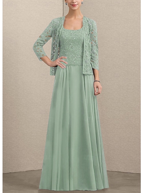 A-Line Mother of the Bride Dress Elegant Vintage Minimalist Scoop Neck  Floor Length Chiffon Lace 3/4 Length Sleeve with Lace Solid Color 2026