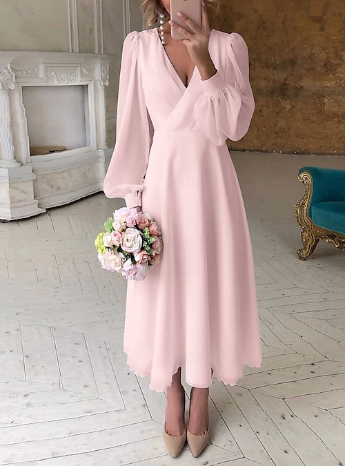 A-Line Ankle Length Little White Dress Party Dresses Bridal Shower Dresses  Bridal Gown Elegant Daily Bishop sleeves Long Sleeve V Neck Graduation  Birthday Chiffon with Solid Color 2026 - kr.999