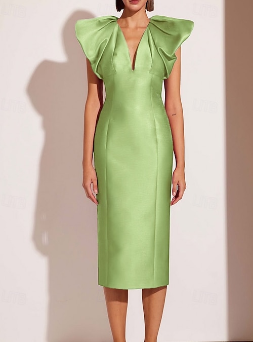 Sheath Column Tea Length Cocktail Dresses Party Dresses Elegant Vintage Celebrity  Style Short Sleeve V Neck Wedding Formal Pink Dress Satin with Pleats 2026  - CAD $219.99