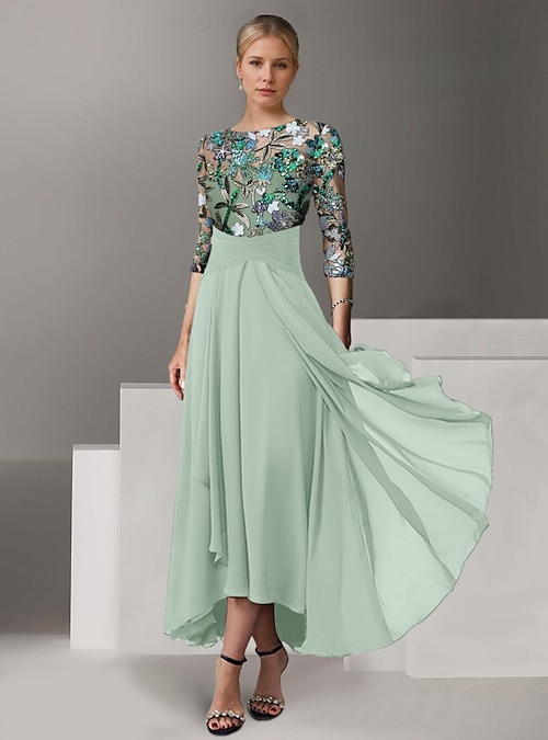 A-Line Dress Ankle Length Beaded Eembroidered Party Dress Cocktail Dress  Mother of the Bride Dress Half Sleeve Illusion Neck Elegant Vintage Wedding  Guest Church Chiffon with Sequin 2026 - CAD $302.99