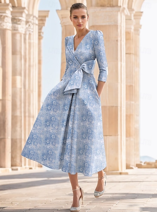 blue dress for baby girl A Line/Princess V Neck 3/4 Sleeves Ankle Length Floral Mother of the B