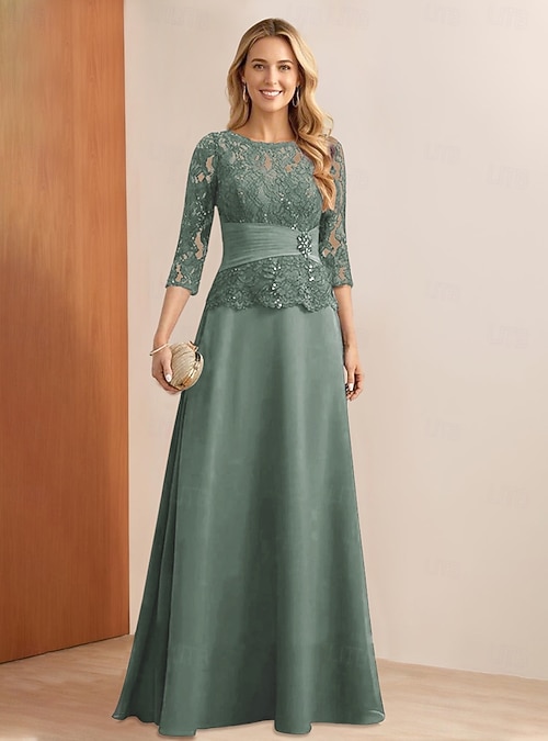 A-Line Dress Mother of the Bride Dress Elegant Party Jewel Neck Floor  Length Chiffon Lace 3/4 Length Sleeve with Lace Appliques 2026 - 207.99