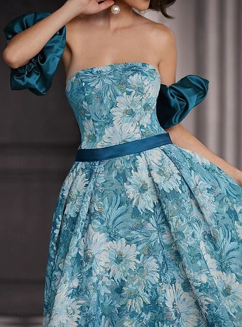 A-Line Quinceanera Dresses Party Dress Wedding Wedding Guest Floor Length  Short Sleeve Off Shoulder Polyester Backless with Floral Print Wedding Guest  Dress 2026 - $104.99