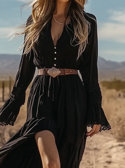 long sleeve black boho dress Floyd Long Sleeve Boho Dress A-Town Boutique