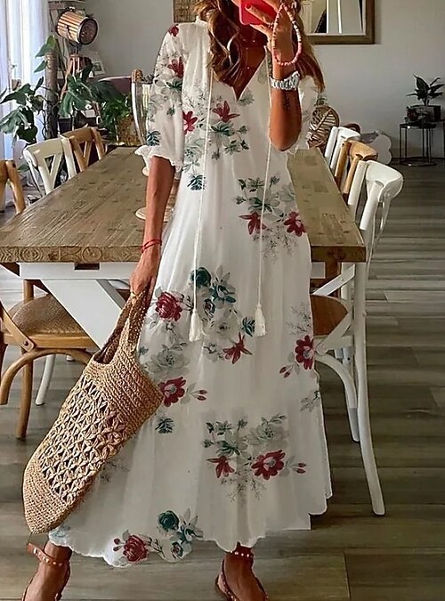 Women's Long Dress Maxi Dress Boho Dress Print Dress Peplum Dresses  Romantic Classic Elegant Dress Puff Sleeve Vacation Going out Spring Dress  Loose Fit Graphic Flower Half Sleeve V Neck White Pink