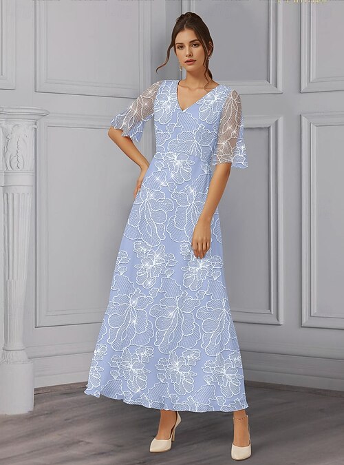 水色 Vネック ビーズ刺繍 ドレス 【公式通販】