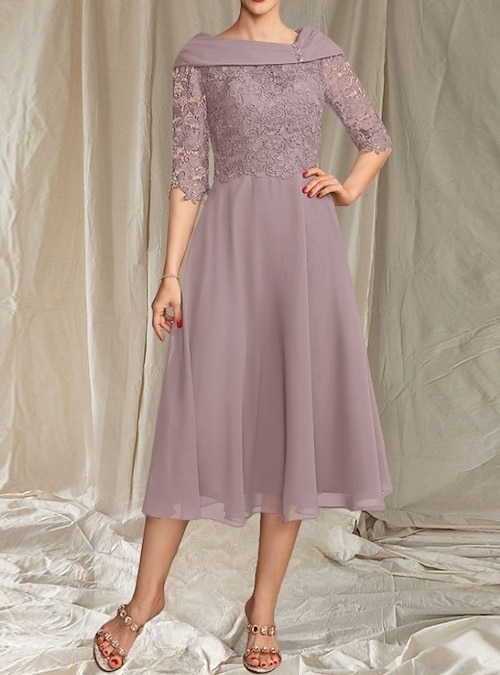 A-Line Mother of the Bride Dress Wedding Guest Elegant Scalloped Neckline  Tea Length Chiffon Lace Half Sleeve with Lace Beading Midi Dress 2026 -  CHF131