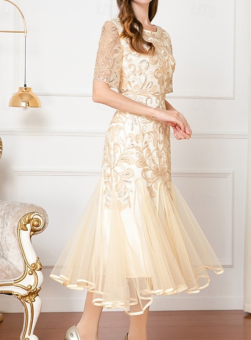 A-Line Dress Floor Length Beaded Eembroidered Party Dress Cocktail Dress Mother of The Bride Dress Short Sleeve V Neck Elegant Vintage Party Wedding