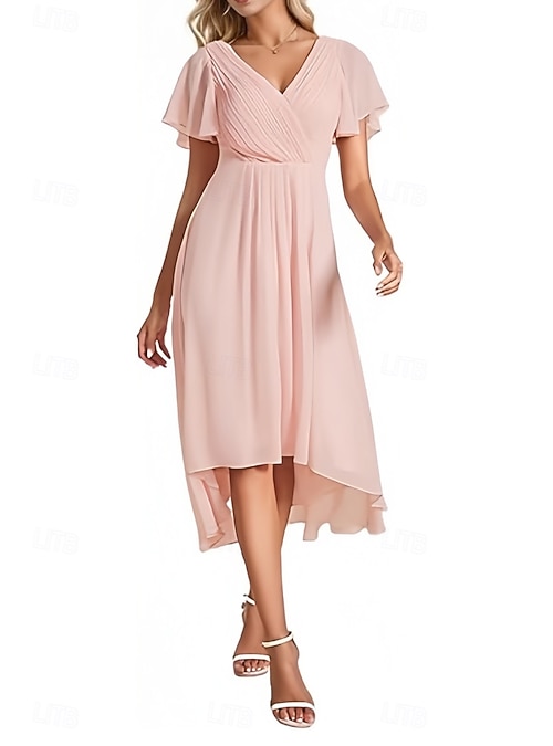 A-Line Bridesmaid Dress V Neck Short Sleeve Elegant Asymmetrical Chiffon  with Ruching 2022 2026 - kr.1319