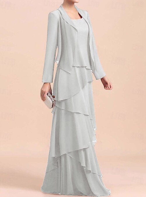 A-Line 3 Piece Mother of the Bride Dress Formal Wedding Guest Elegant  Vintage Simple Crew Neck Floor Length Chiffon Sleeveless Long Sleeve Jacket  Dresses with Beading 2026 - $195.99
