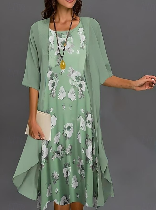 Women's Graduation Dress Midi Dress Chiffon Dress Shift Dress Elegant  Vacation Party Wedding Wedding Guest Daily Loose Fit Floral Half Sleeve  Crew Neck Pink Blue Green Gray Summer Spring 2026 - $43.99