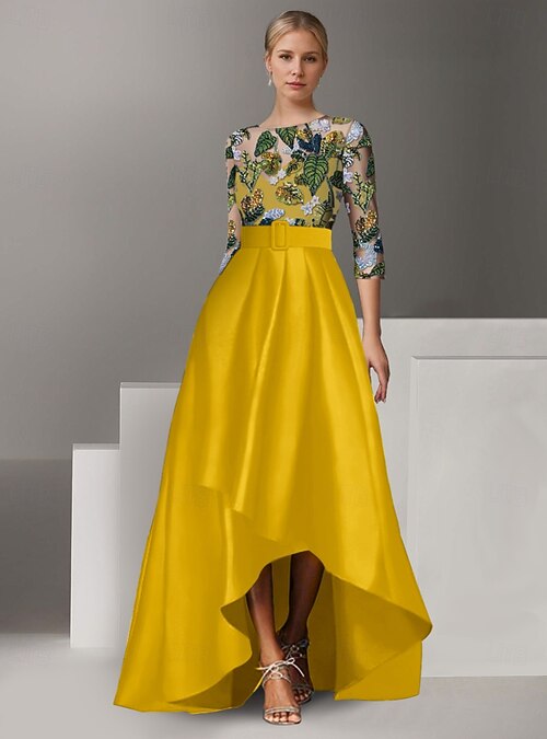 A-Line Floral Cocktail Dresses Elegant Formal Wedding Leaf Ankle Length  Half Sleeve Illusion Neck Satin with Ruffles Slit Embroidered 2026 - $174.99