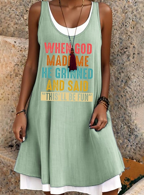 Women's GOD Mini Dress T Shirt Dress Tee Dress Sundress A Line Dress Fit  And Flare Dress Vacation Casual Beach Daily Loose Fit Letter Sleeveless U  Neck Light Green Blue Light Grey