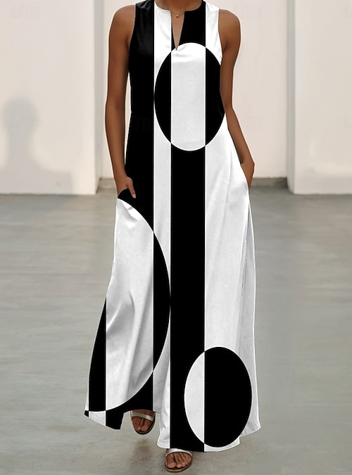 Women's Maxi Dress A Line Dress Casual Vacation Daily Loose Fit Geometric  Sleeveless Notched Neck Black Summer 2026