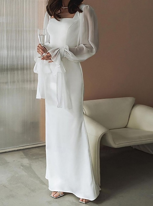 Women's Midi Dress White Dress Romantic Modern Mature Flare Cuff Sleeve  Daily Going out Summer Dress Regular Fit Pure Color Long Sleeve Square Neck White  Summer Spring Autumn 2026 - CAD $62.99